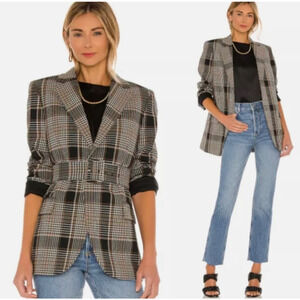 Theory Becket Brown Wool Blend Belted Plaid Checked Blazer, size 8